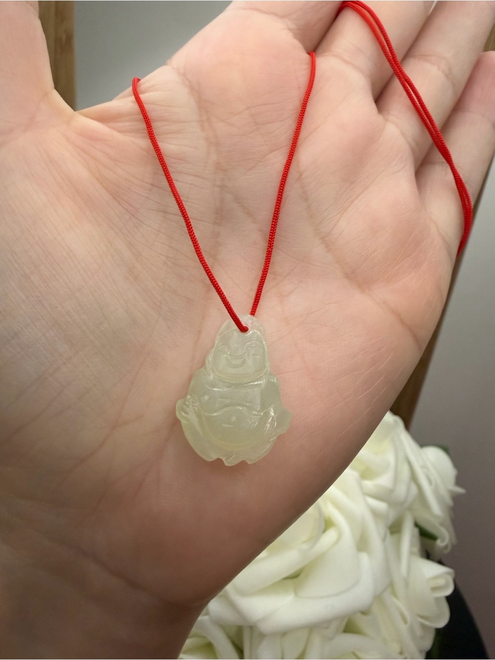 On Running Pale Green Jade Buddha Pendant Necklace with Red Cord
